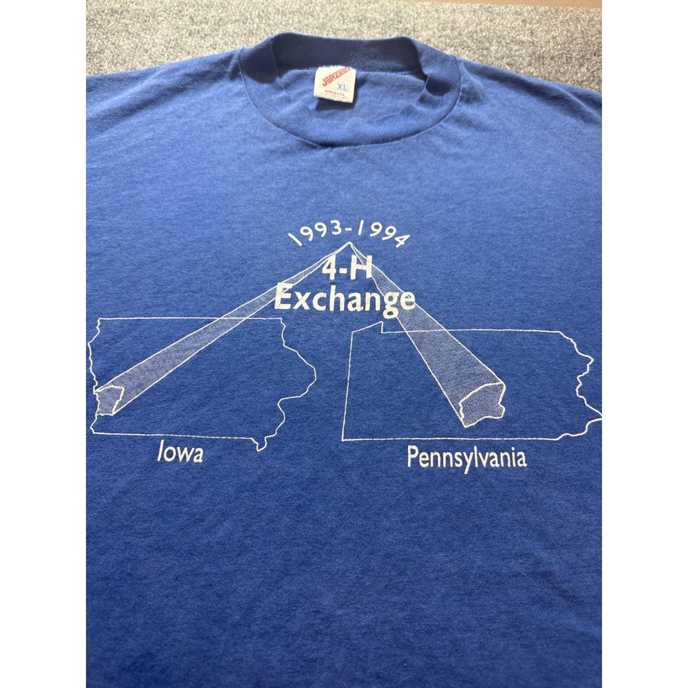 Vintage Jerzees 4-H Exchange T-Shirt XL Blue Iowa Pennsylvania 90s Made in USA